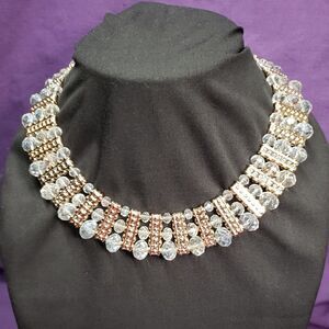 Clear Faceted Beads Rose Gold Tone Accent Bars Statement Collar Necklace